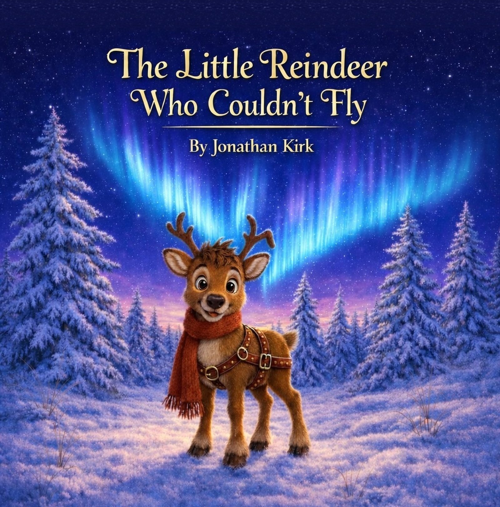 Cover of The Little Reindeer Who Couldn’t Fly, with a small reindeer in a red scarf standing in a snowy landscape beneath glowing auroras and festive holiday colors.
